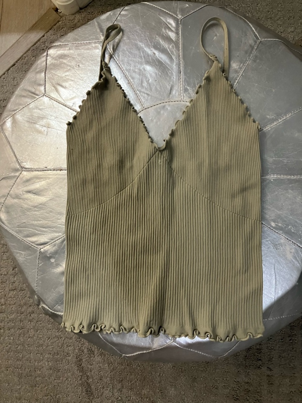 Free People Ribbed Lettuce-Edge V-Neck Cami - Olive Green
